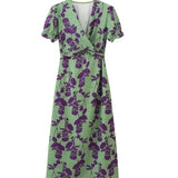 Fongt Women's Clothing Explosion V-Neck Short-Sleeved Wrinkled Print Dress