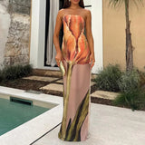 Fongt New Women's Fashion Sleeveless Shoulder Avant-Garde Sexy Bareback Print Dress
