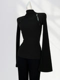 Fongt Horn Sleeve Slim Jacket Chic Inside Hollow Out Half High Collar Bottom Shirt Spring Women's Hot Girls-Outfit