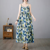 Fongt Summer Art And Leisure Swing Cotton Tample Long Print Beach Dress Women's Sleeveless