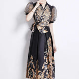Fongt Court Style Dress Women's Early Spring New Bubble Sleeve Retro Print High-End Swing Dress Dress