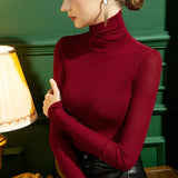 Winter Mesh T Shirts Women's Solid Turtleneck Full Sleeve Slim Basic Tshirts Tees Female High Stretch Undershirts-Outfit