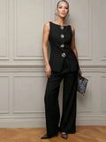 Fongt Women's Fashion Gold Buttoned Vest Trousers Two-Piece Casual Suit Women