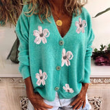 Fongt Spring And Autumn New Women Long Sleeve Cardigan Embroidered V-Neck Knit Sweater