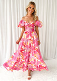 Fongt Spring Summer New Temperament Printing Bubble Sleeve High-End Dress Women