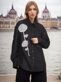 Fongt Spring New Fashion Temperament Stand Collar Heavy Industry Water Diamond Flowers Inlaid Loose Show Thin Women's Long Sleeve Shirt-Outfit