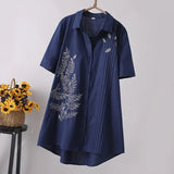 Arrival Women Leaf Embroidery Long Cotton White Blouse Summer Short Sleeve White Female Shirt Turn-Down Collar Top