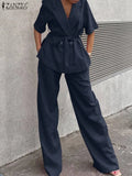 Women Elegant Office Trouser Suits 2PCS Summer Laple Neck Short Sleeve Blazer Top Matching Sets Casual Wide Leg Pant