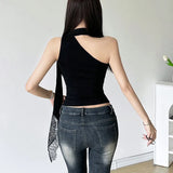 Fongt Summer Women's Lace Ribbon Stitching Hollow Out Asymmetrical Slim Small Vest-Outfit