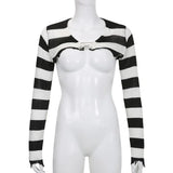 Dark Knitted Striped Gothic Casual Smock Tops Casual Long Sleeve Y2k Vintage Crop Overshirts Women Grunge Summer Shrug