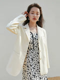 Notched Collar Full Regular Sleeve Blazers Loose Casual Midweight Single Breasted Office Lady Solid Straight