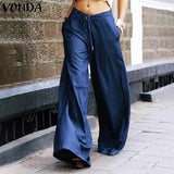 Loose High Waist Trousers VONDA Women 2022 Spring Solid Wide Leg Pants Casual Female Denim Pants Vintage Pockets Pantalon