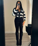 Fongt Women's Clothing Winter Explosion Fashion Black And White Stripe Single-Dcupuncture Cardigan Knitted Shirt