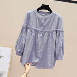 Fongt 2025 Spring And Autumn Korean Version Of The Round-Necked Women's Shirt Age-Old Doll Shirt Fashion Casual Thin Nine-Sleeved Lace Shirt