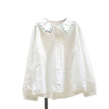 Fongt Embroidered Doll Collar White Shirt Women 2025 New Loose Thin Lantern Sleeve Shirt Top