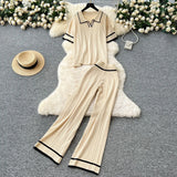 Fongt Version Of Retro Fashion Collar Collar Short-Sleeved Knitting Top + High-Waisted Casual Broad-Legged Trousers 2025 Summer Set