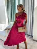 Fongt Women's New Solid-Color Dress Fashion Sexy Slanted Shoulder Folded Empty Dress 8043