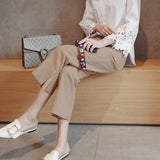 Fongt Chic Broad Leg Pants Women's Summer 2024 Korean Version Of High-Waisted Open-Fork Casual Cotton-Drall Nine-Point Straight