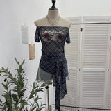 Fongt Y2k Single-Layer Mesh Yarn Printed Short-Sleeved T-Shirt Design With A Word Strap To The Shoulder 1237