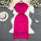Fongt Summer French Retro Temperament Polo Collar Loose Belt A-Word Knitted Dress Casual Dress