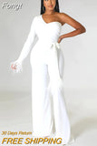 Elegant Royal Blue Single Shoulder Feather Jumpsuits Womens Tied-Front Bandage Wide Legs Jumpsuits Nightclub