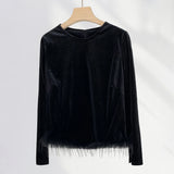 Fongt Pull Full Feather Decorative Atmosphere Top Early Spring New Black Velvet French Long-Sleeve T-Shirt-Outfit