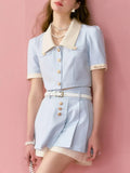 Kawaii Two Piece Set Women Patchwork Vintage Sweet Mini Skirt Set Female Button Korean Fashion Skirt Suit 2023 Summer