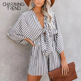Rompers Striped Loose Casual Women Jumpsuit Sexy V Neck Bow Elegant Ladies Playsuit Beach Sexy Jumpsuit Woman