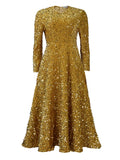Fongt New Women's Round-Necked Long-Sleeved Solid-Colored Bright-Waisted High-Rise Dress Dress Dress