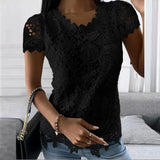 Womens Lace Round Neck Tops T-Shirts Ladies Summer Casual Short Sleeve Blouse Pullover Fashion Clothing For-Outfit