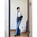Fongt Summer French White Lace Stitching Design Shirt Women Commuting Micro-Rave Jeans Two-Piece Set