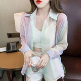 Summer Women Sunscreen Clothes Rainbow Shirt Thin Loose Lady Chiffon Blouses Long-sleeve Elegant Top Beach Shirts