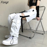 White Streetwear Cargo Pants Women Y2k Harajuku Loose Patchwortk High Waist Trousers Casual Removable Techwear