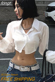 Blouse Hollow Out Crop Top Y2K Clothes Long Sleeve Top Autumn Spring Solid Turn Down Collar Streetwear Button Up