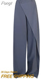 Women Clothing Buttons Irregular Patchwork High Waist Loose Mopping Pants All-match Solid Suit Straight Trousers