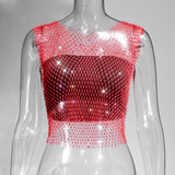 Fongt Nightclub Dresses Fishnet Hollow Out Rhinestone Vest Mesh Flash Diamond Sling Top