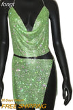 Women Sparkly Rhinestone Sexy Two Piece Set 2023 New Low Cut Sleeveless Halter Backless Party Top Split Empire Mini
