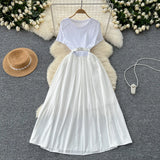 Fongt Summer Senior Round-Neck Short-Sleeved Dress, Tie, Waist Splicing, Elegant Large Hem Length