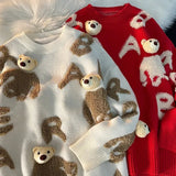 Bear Head Pendant Fleece Embroidery Oversized Sweaters Men Women Hip Hop Streetwear Winter Knitted Tops Korean Kawaii