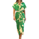 Fongt Women's Printed Collar Short Sleeve High-Waisted Long Shirt Dress