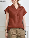 Summer Elegant Lapel Neck Solid Blouse Women Short Sleeve Solid Cotton Tops Casual Loose Blusas OL Work Shirt Oversize 703-0-Outfit