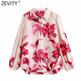 Women Fashion Floral Print Casual Satin Smock Blouse Office Lady Puff Sleeve Breasted Shirt Chic Loose Blusas Tops