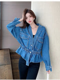 Fongt Spring Autumn Explosion Of Denim Nails Hanb, The Collection Of V-Neck Loose Denim Jacket Bf Fashion Women's Top
