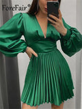 Satin Elegant Long Sleeve Pleated Dress A Line for Women 2022 Spring Casual Club Party Green Khaki Women's Mini