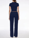 Short Sleeve Cropped Top Straight Leg Pants Set-Outfit