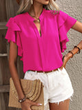 Fongt Women's Summer New V-Neck Casual Double-Layer Lotus Leaf Sleeve Solid Shirt Top