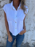 Fongt New Leisure Summer Loose Short-Sleeved Button Pocket Cotton Shirt Woman
