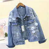New Embroidery Denim Short Jacket Women Spring Autumn Applique Diamond Holes Coat Loose Tops Student Jean Outerwear