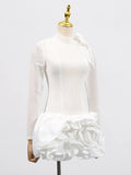 Fongt Summer New Dress Femininity Elegant Fashion Round-Neck Long-Sleeved Mesh Three-Dimensional Flower High-Waisted