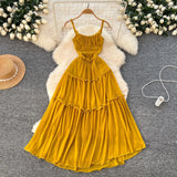 Fongt Tea Break Retro Sling Dress Women's Holiday Wind To Show Thin Folds Design Long Skirt